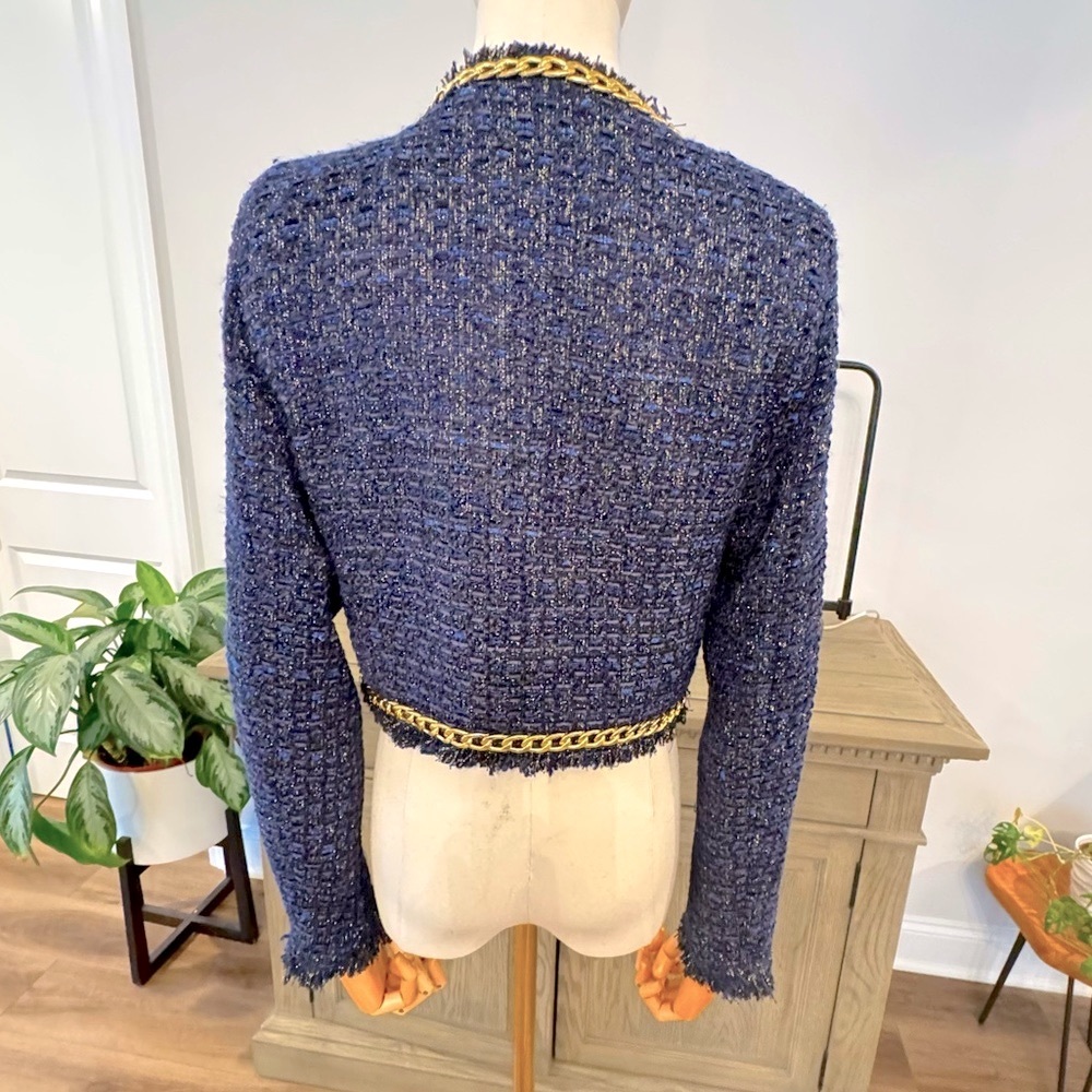 NWOT Christian Lacroix Navy and Gold Metallic Tweed Cropped Blazer | Small - Picture 5 of 13